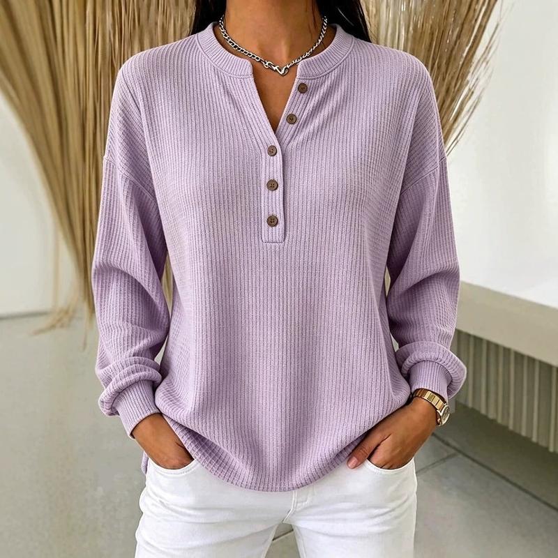 Designer Women's Ribbed Knit Henley Top Long Sleeve V Neck Casual Solid Color Loose Fit T Shirt Fall Winter Basic Tee