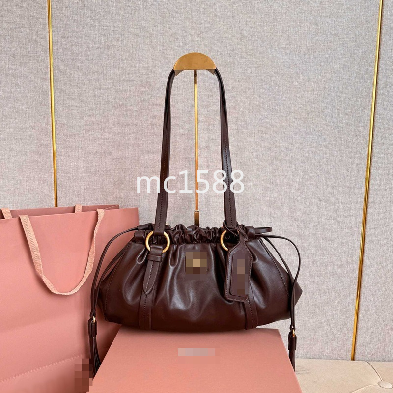 Fashion Women Drawstring Pleated Underarm Bag Retro Tassel Detail Soft Leather Versatile Daily Shoulder Handbag with Logo 815