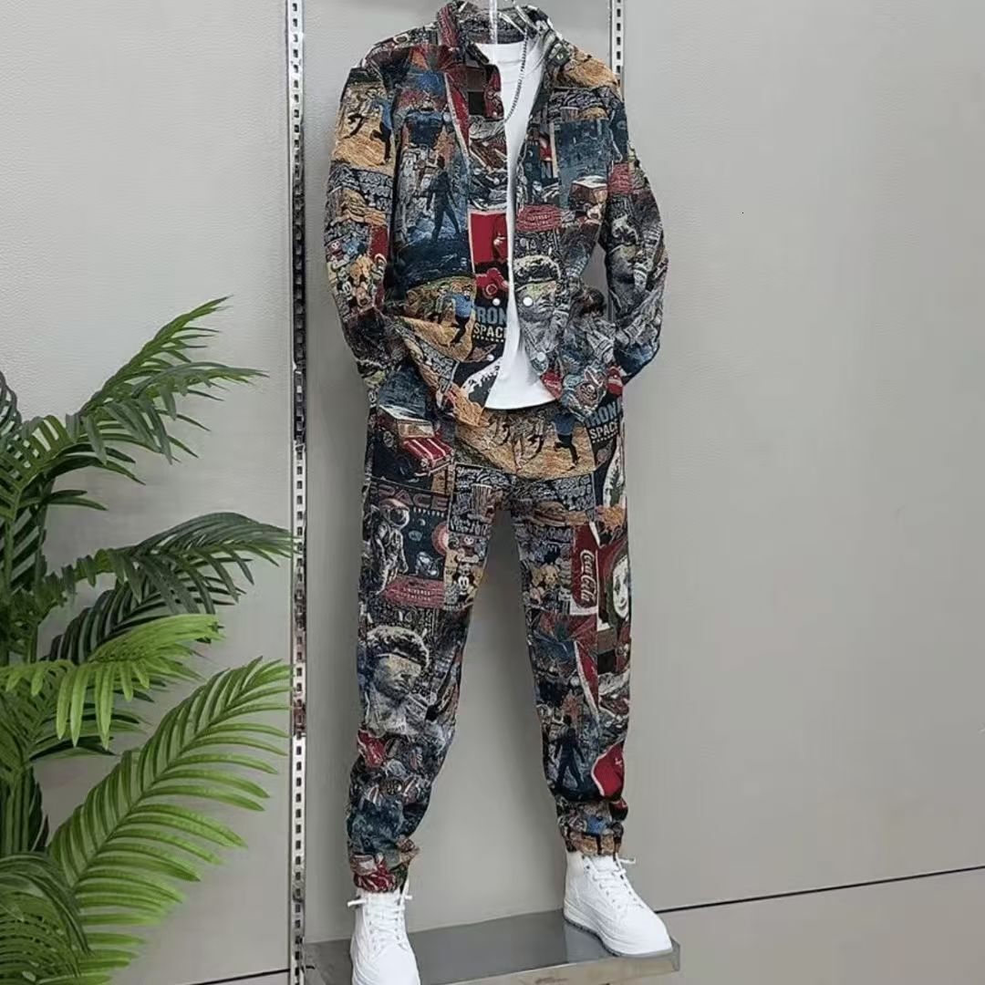 Spring Autumn Streetwear oil painting Set Popular Painted Shirt Jacket Trousers Fashionable Casual Versatile Two-piece Sets