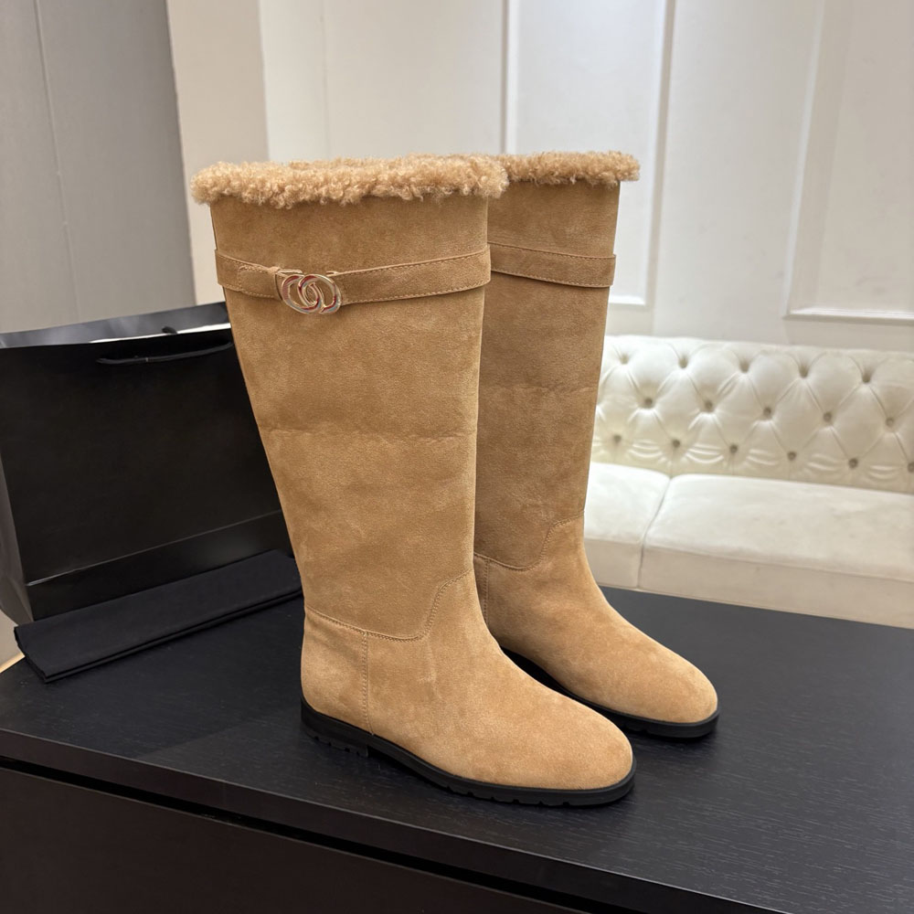 Women's Leather Knee High Boots Turn Down wool Warm Fleece Lined Top Metal Buckle Decor Flat Long Boots Winter Fashion Ladies Riding Boots Slip