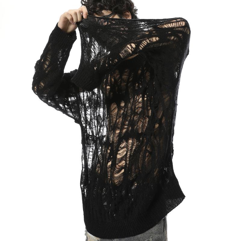 Pull en tricot surdimensionné pour hommes de haute qualité de haute qualité évider pull en détresse décontracté style coréen à manches longues co