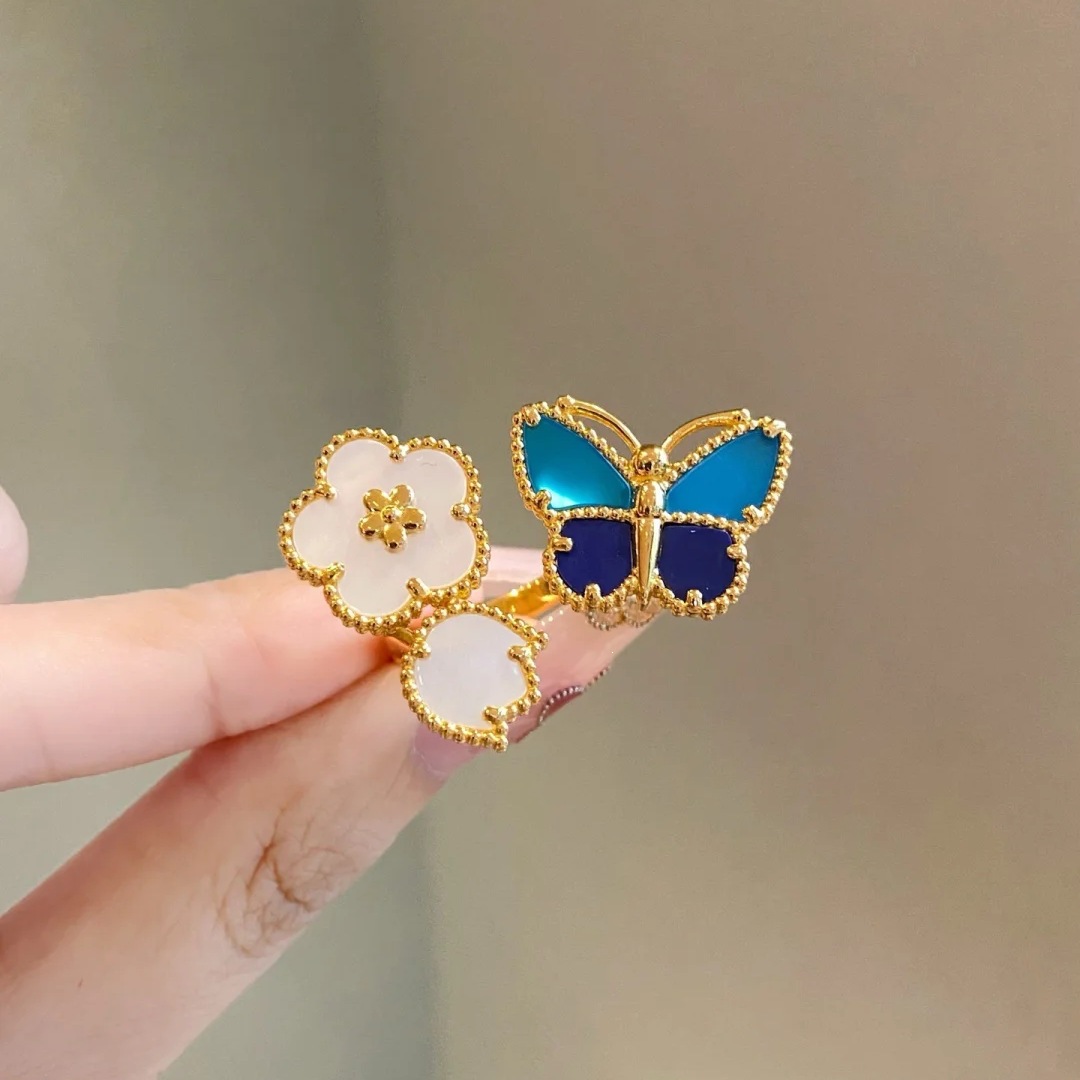 Bague en émail en nacre avec fleur de papillon, bague ouverte plaquée or, bijoux de luxe pour femmes