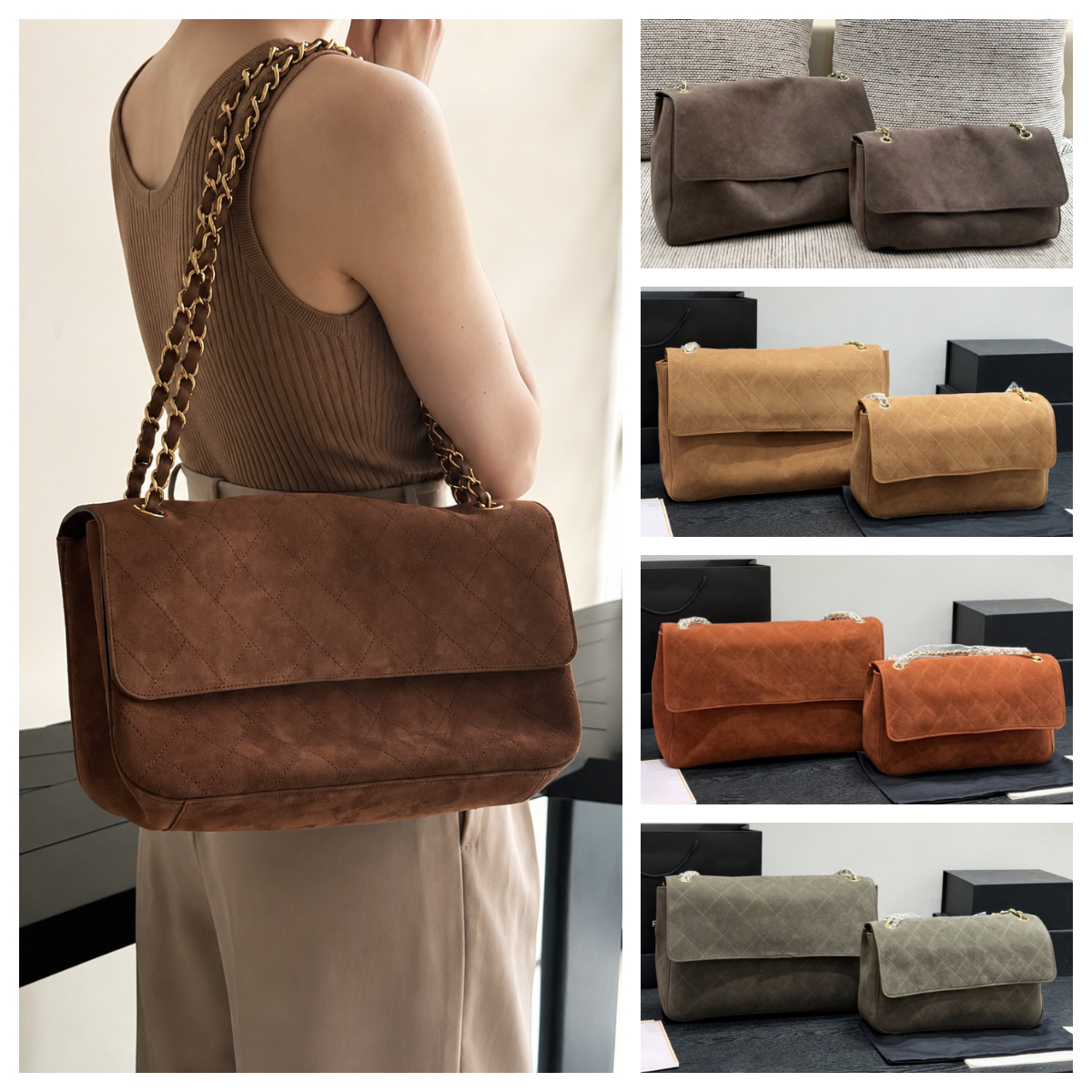 Designer Bag Brown Suede Maxi Flap Bag Airport bag Women Oversized Quilted Flap bag Turnlock Suede Chain Shoulder Crossbody Bag Luxury Work Commute