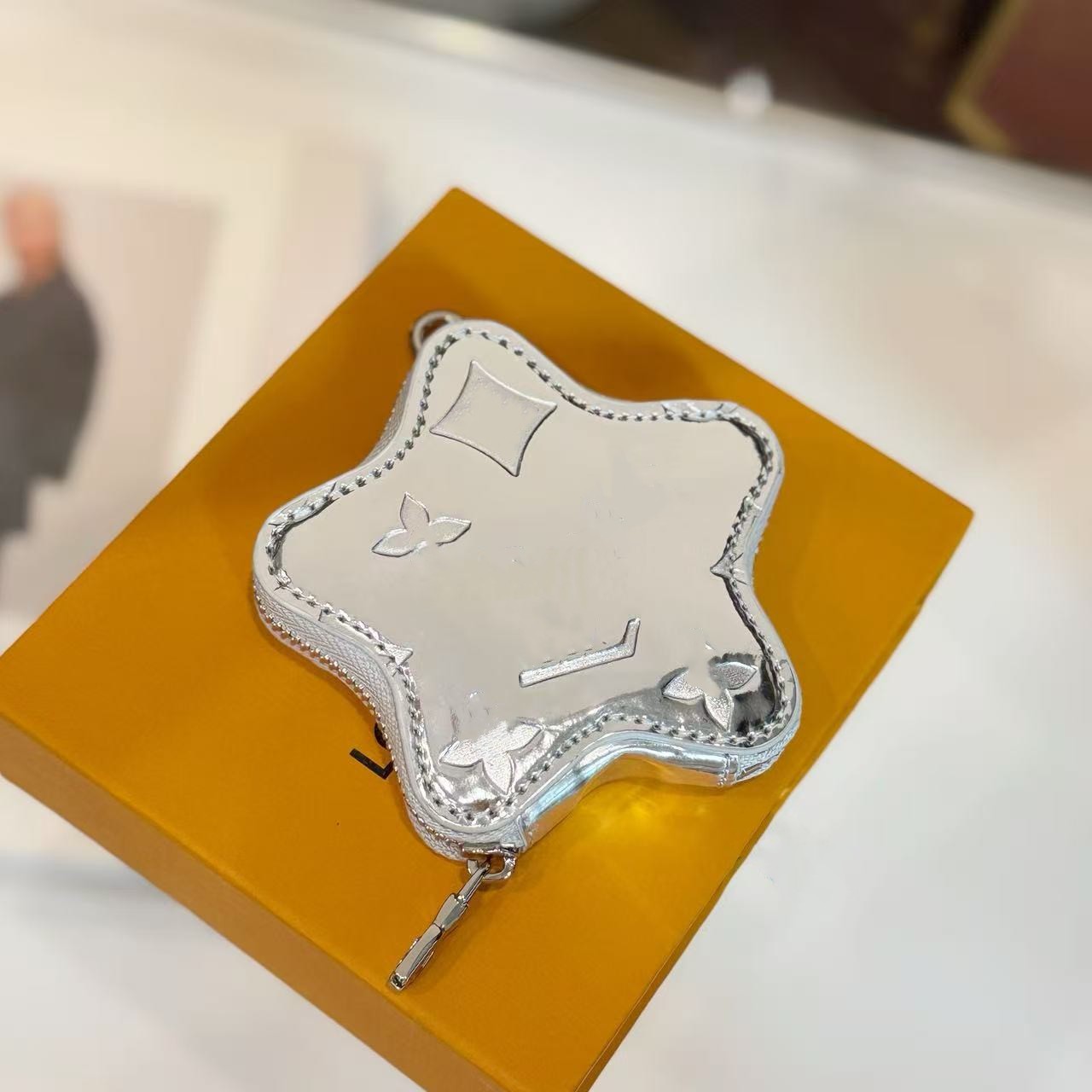 Spark Star Forme Finition Miroir Mini Pochette à Fermeture Éclair Porte-clés Argent en Relief Motif Porte-Monnaie, Sac de Rangement pour Écouteur