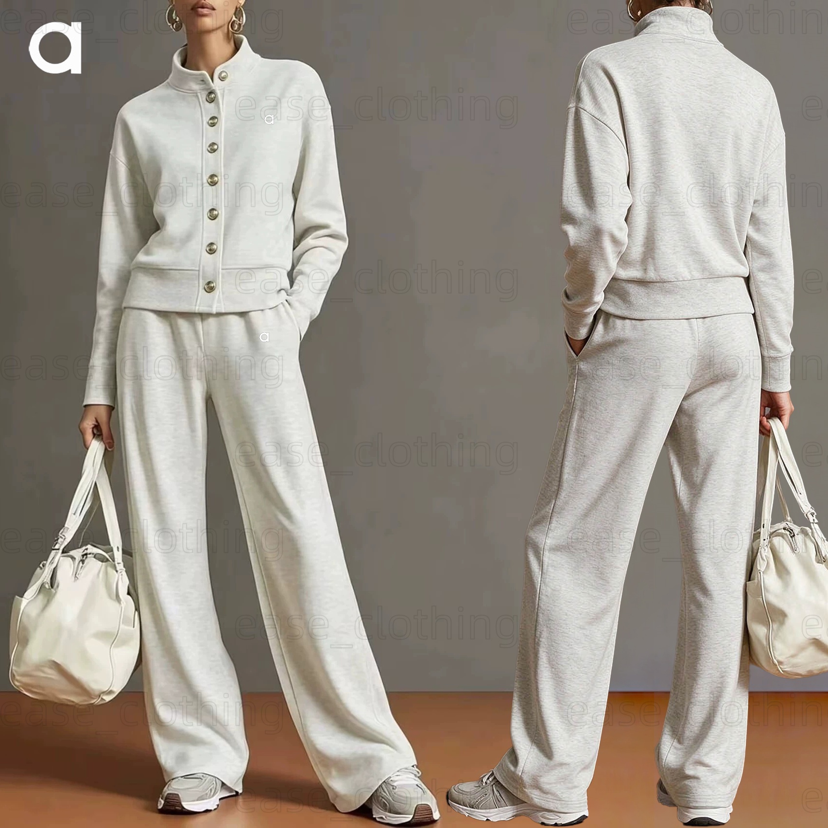 alolyitss Casual Two Piece Set Loose Fit Stock Hoodie and Wide Leg Sweatpants Relaxed Style Autumn Winter Polo Neck Knitted Pullover Pilates Tracksu
