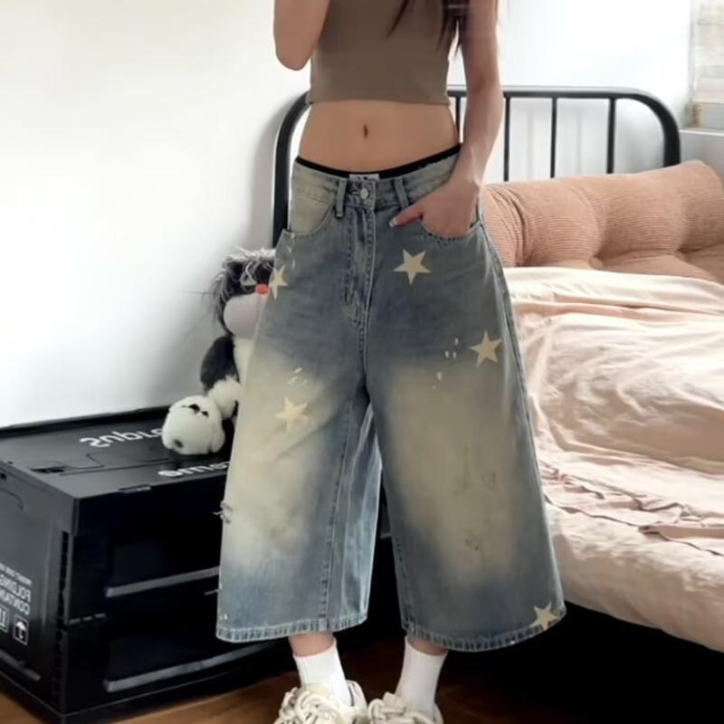 Short en jean Vintage imprimé étoiles pour femmes, taille haute, jambes larges, pantalon d'été délavé, ample et décontracté