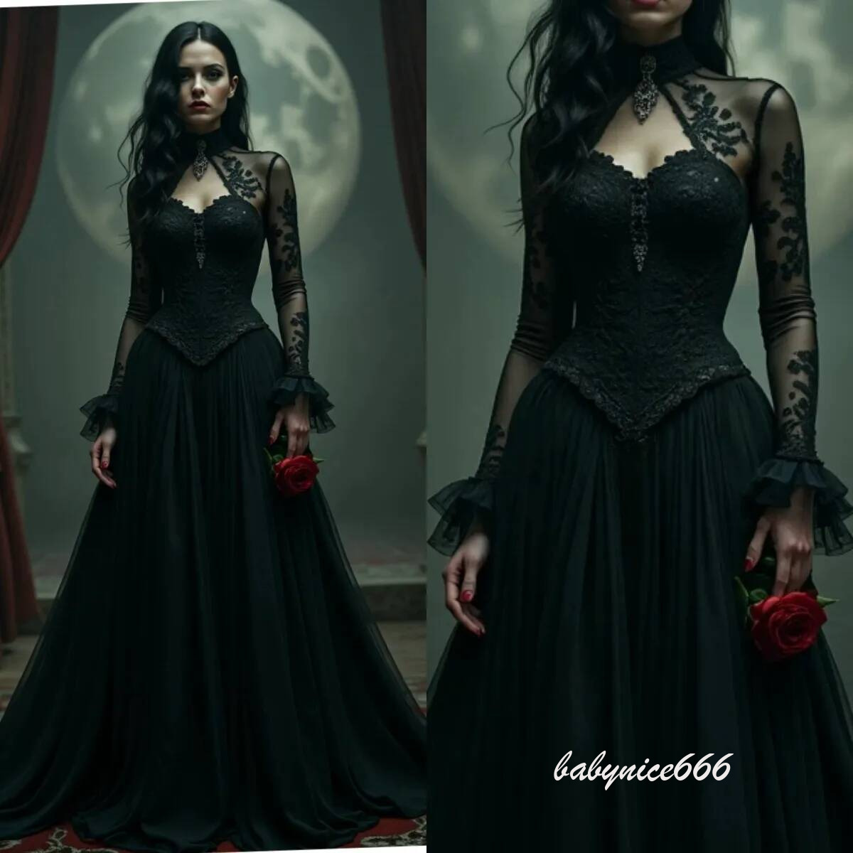 Long Sleeves Black Gothic Wedding Dresses A Line Keyhole High Collar Vintage Bridal Gown Lace Appliques Princess Waist