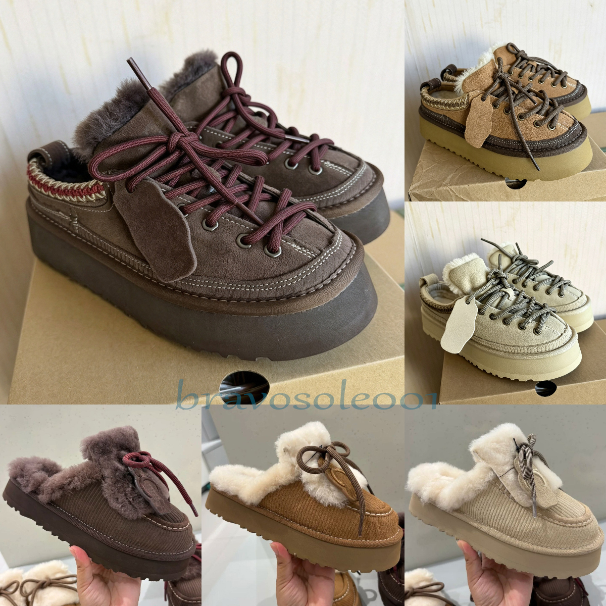 Designer Women Cookie Mule Platform Slippers Lace Up Shearling Lined Suede Slip On Back Strap Winter Warm Thick Sole Mules Casual Shoes 3 Colors Che