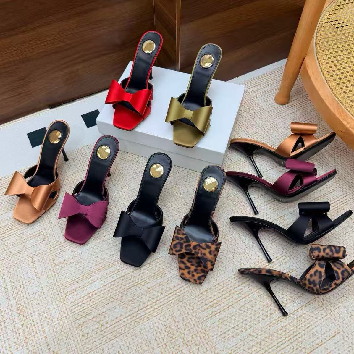 Designer Style Black Satin Bow High Heel Mules Top Quality Square Toe Stiletto Slide Sandals for Women Elegant Evening Party Dress Heeled Slippers B