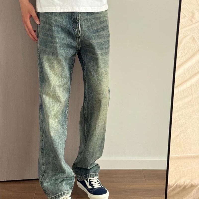 Jeans à jambe droite délavés vintage pour hommes, pantalons en denim en détresse coupe ample, pantalons polyvalents amincissants décontractés de