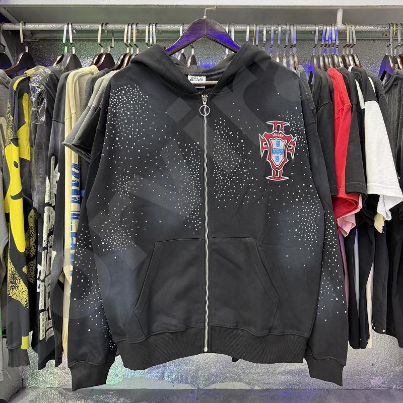 Designer High Quality Unisex Men Women Oversized Hooded Cardigan Jacket Washed Black Terry Cloth Embroidered Logo Patch Rhinestone Letter Casual Str