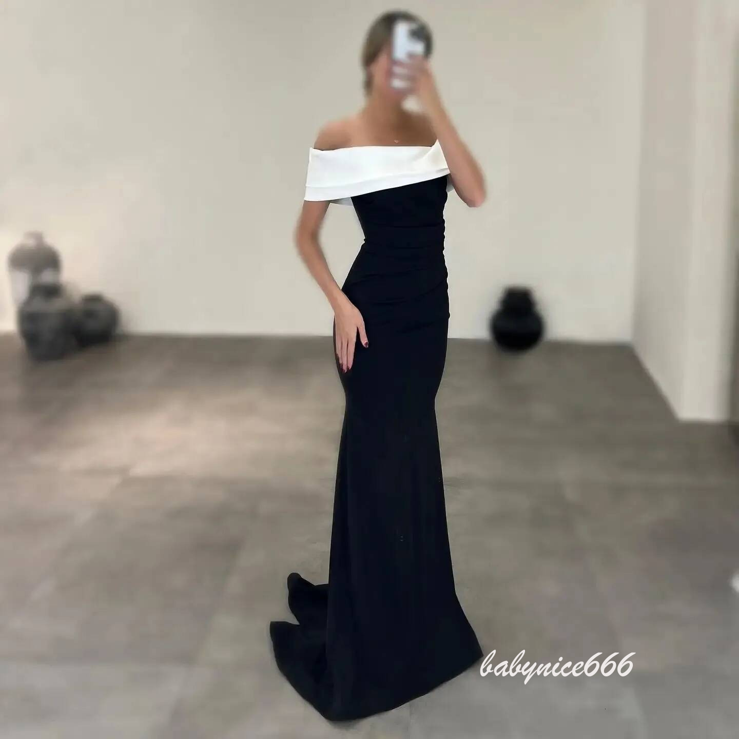 Simple Black Evening Dress Off The Shoulder Satin Mermaid Formal Party Prom Gowns Celebrity Style Vestidos Feast Robe De Soiree 0115