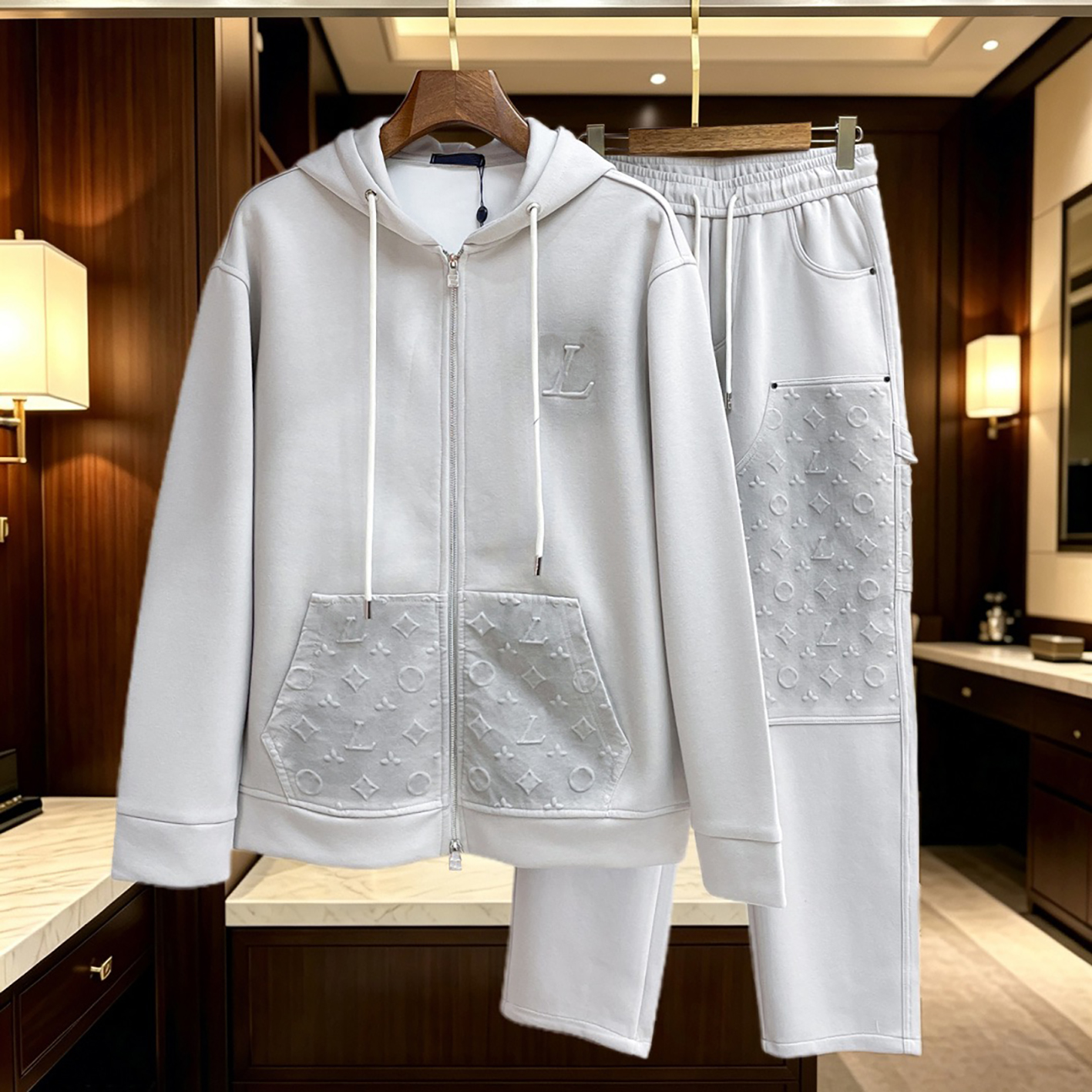 Designer brand clothing, high-quality men's light gray hooded cardigan set, embossed floral casual two-piece set, unisex light luxury loose spo