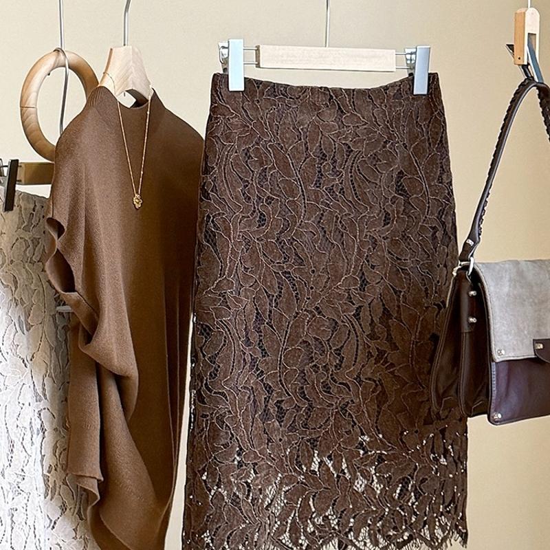 Designer Women's French Vintage Lace Midi Skirt High Waist Bodycon Hollow Out Slimming Elegant Casual Solid Color Skirt S-XL