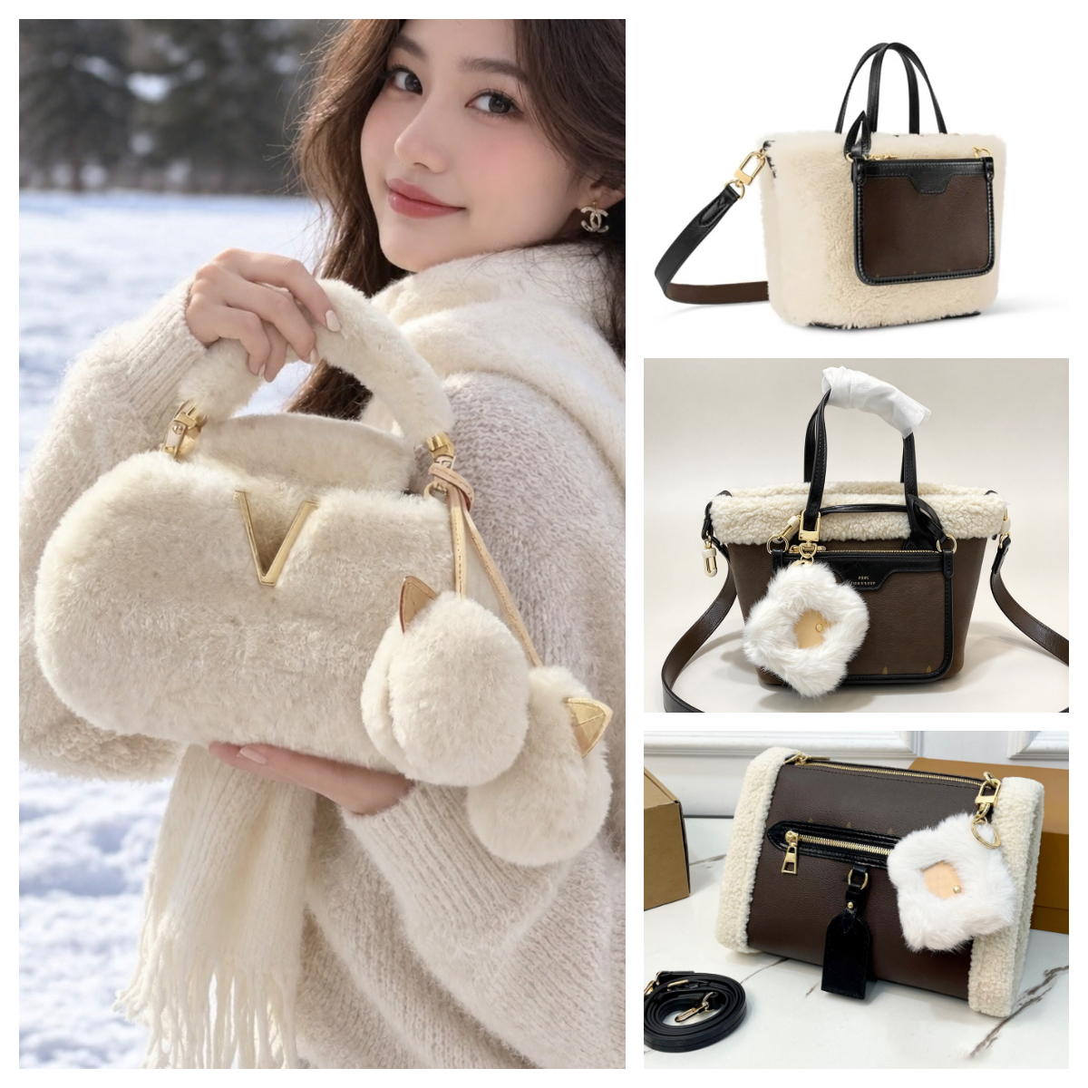 Women Winter Luxury Fashion Soft Fluffy Bag Designer Fuzzy Canvas Tote Fur Trim Small Top Handle Crossbody Shoulder Bag Monogram Shearling Reversibl