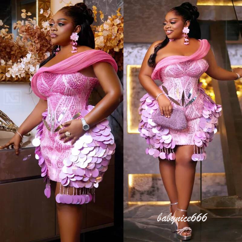 Plus Baby Pink Cocktail Dresses For Women Short Prom Dress One Shoulder Sequins Beads plus Size Evening Homecoming Gowns BC24092