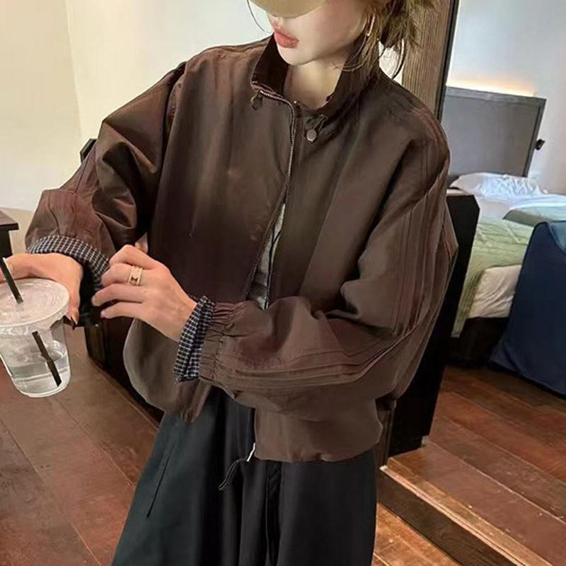 Designer Haute Qualité Streetwear Femmes Lâche Style Coréen Zip Up Veste Casual Solide Col Montant À Manches Longues Petite Vêtements D'extérieur