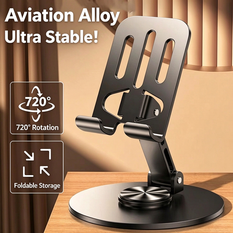 Support de tablette de téléphone de bureau en alliage rotatif à 720 °, support réglable pliable, dissipation thermique creuse, support de bureau