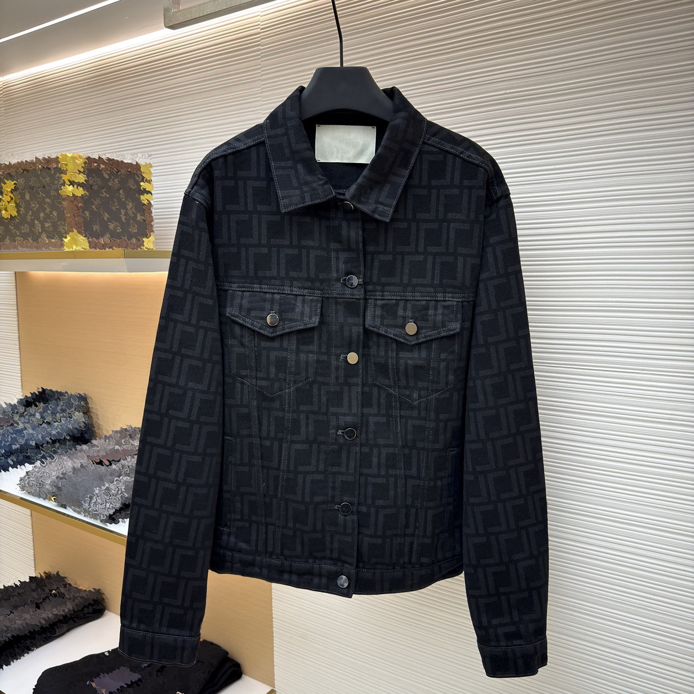 Designer brand clothing, high-quality men's black and gray full printed FF jacquard denim set, light luxury denim set with lapel, two-piece str