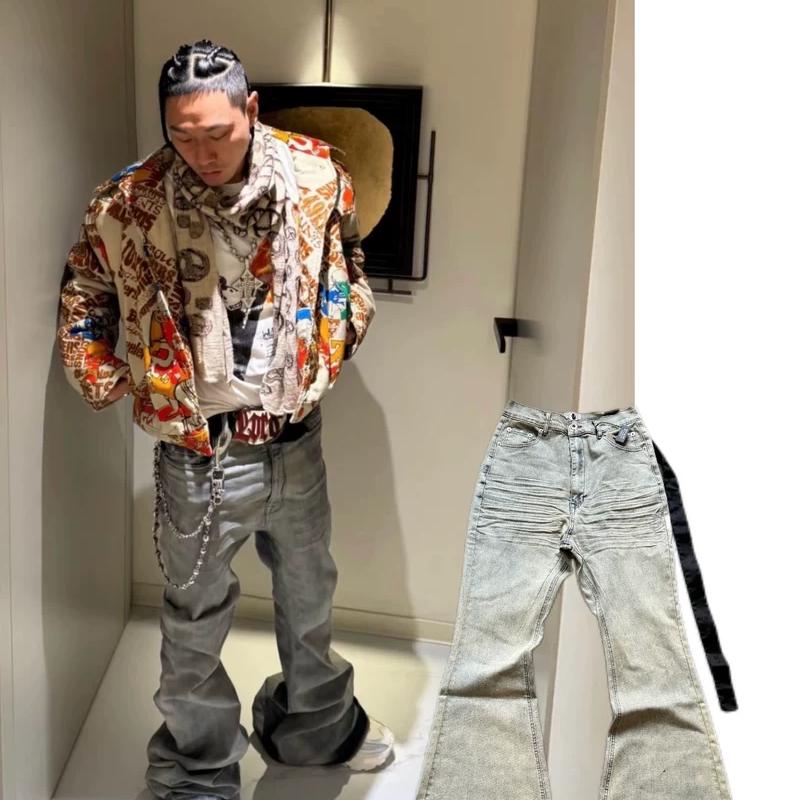 Jean évasé extensible bleu délavé pour hommes et femmes, poches plissées, pantalon Long en Denim décontracté, unisexe