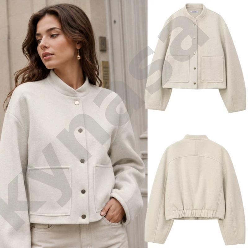 Women's Beige Half High Neck Button Pocket Long Sleeve Short Jacket Casual Commuter Autumn Winter Solid Coat