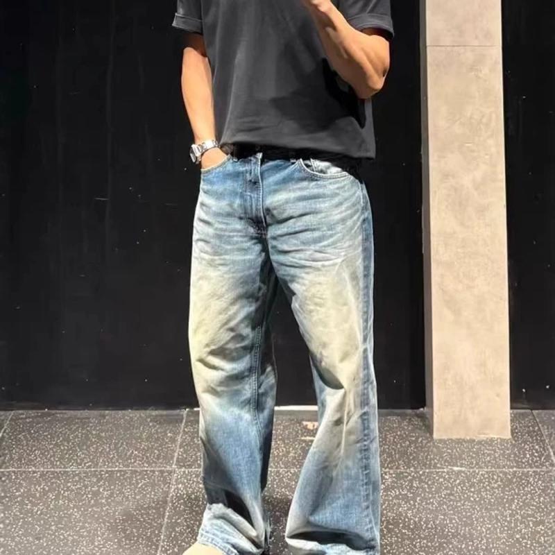 Jeans da uomo effetto vissuto lavaggio vintage pantaloni larghi in denim blu dritti a vita alta casual streetwear larghi