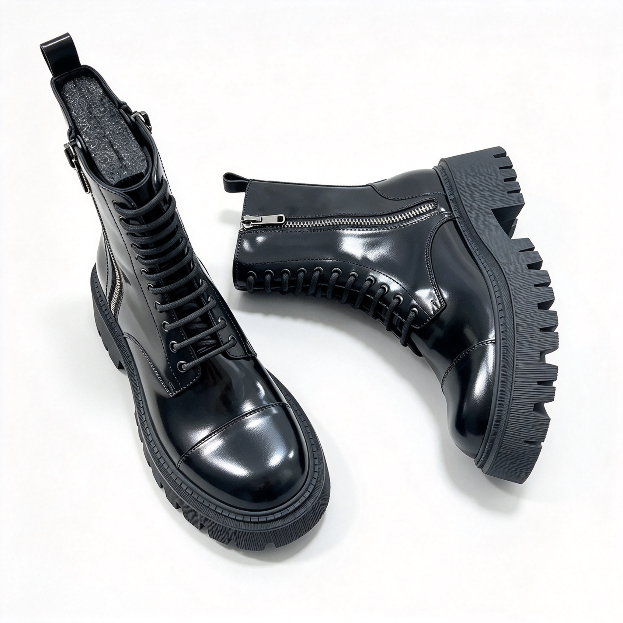 Men Black Patent Genuine Leather Platform Combat Boots, Lace Up Ankle Boots with Side Zipper, Chunky Lug Sole Gothic Punk Streetwear
