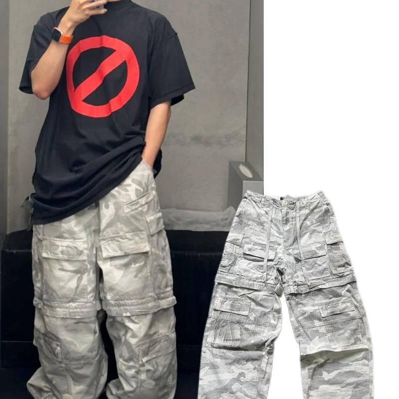 Designer Loose Camouflage Cargo Pants, Unisex, Detachable Multi-pocket Straight-leg Cotton Cargo Trousers, Retro Street Style for Spring and Autumn