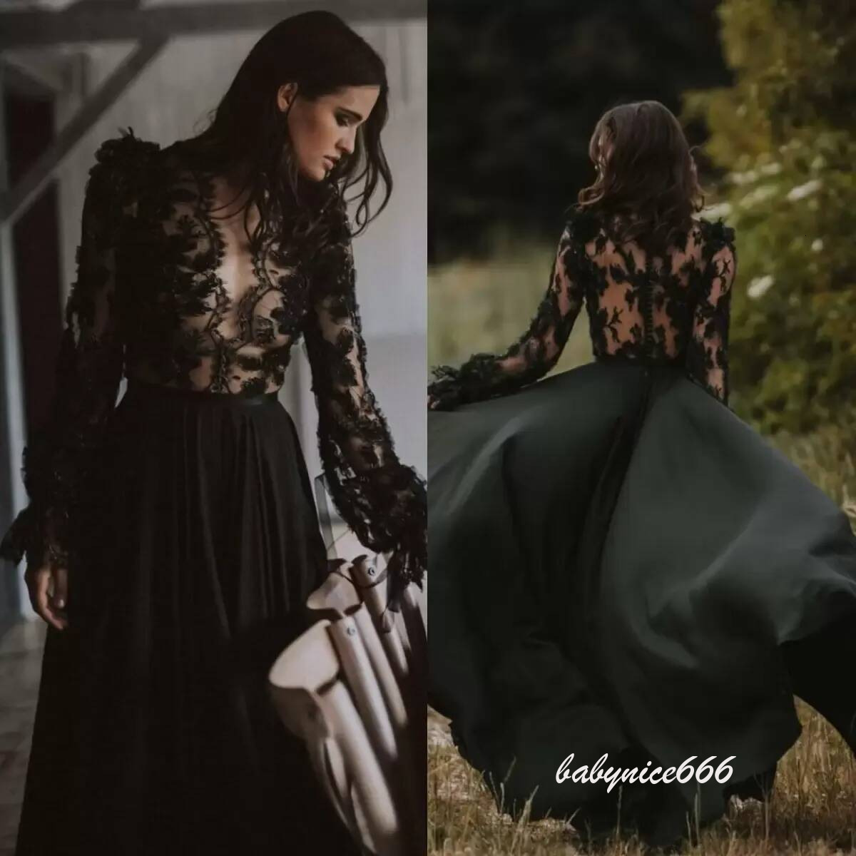 Bridal Black Wedding Dresses Gown Boho Lace Applique Illusion Bodice Chiffon Sweep Train Gothic Tulle Long Sleeves Custom Made Robe De Mariee Plus S