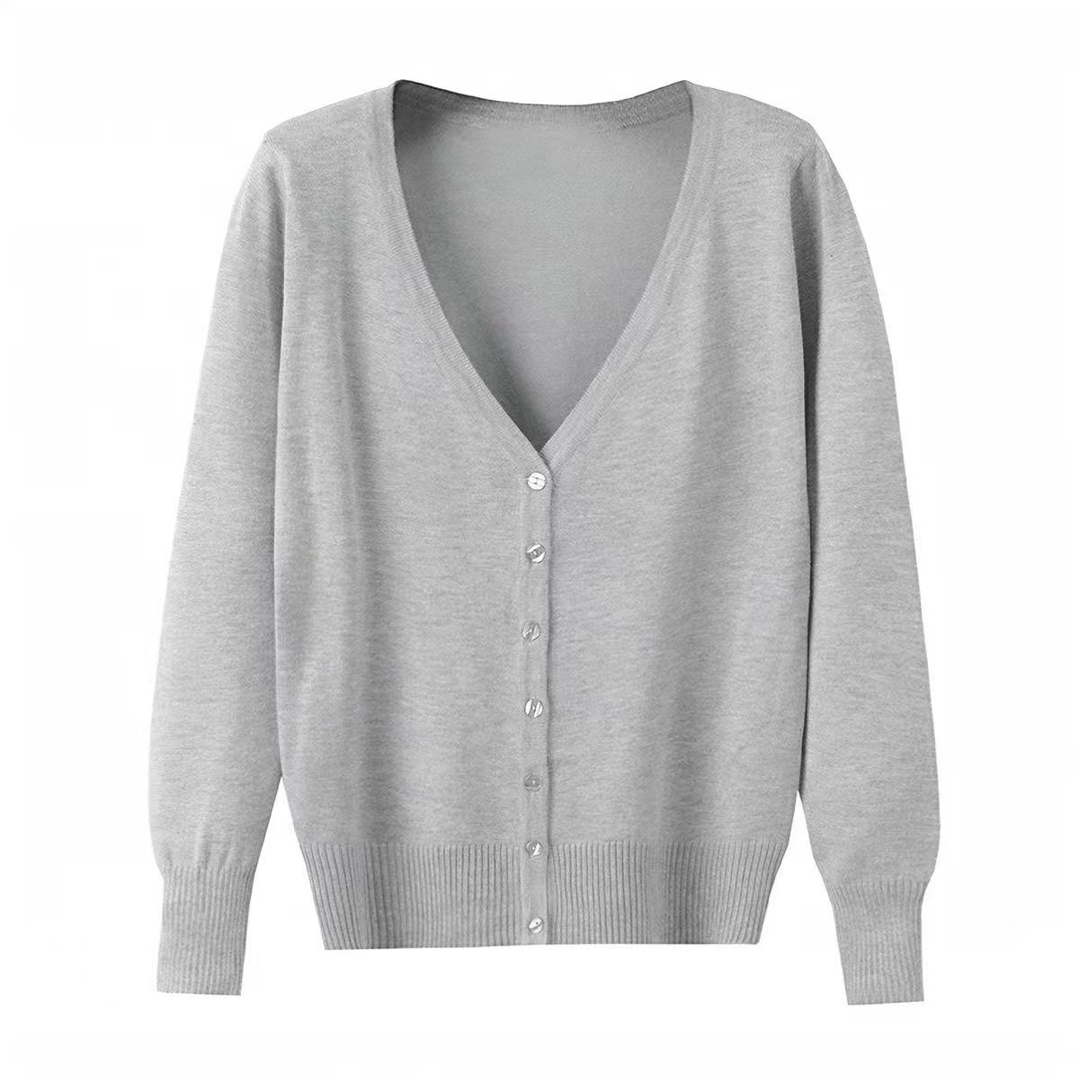 109 Cardigan tricoté léger avec col en v pour femme comme chemise extérieure, printemps et automne