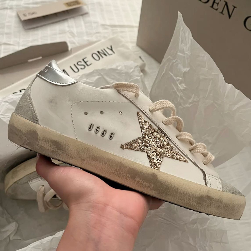 Designer Ball Star Dirty shoes Men Women Sneakers in white leather with platinum glitter star Real leather Handmade Customized style Italian Designe