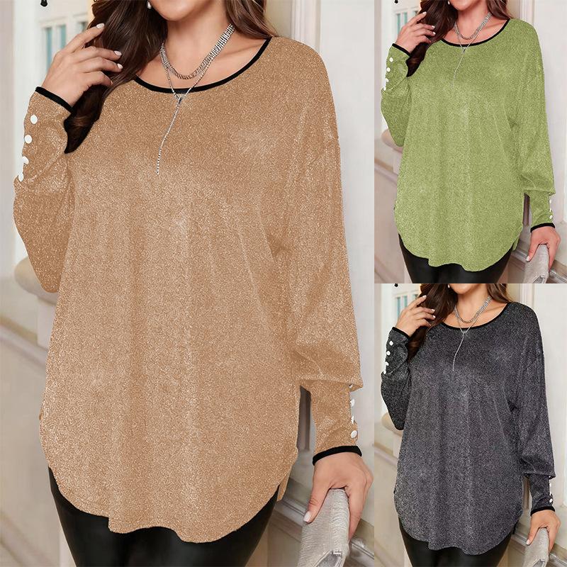 Designer Women's Long Sleeve Round Neck Button Top Contrast Color Commuting T-Shirt Fall Winter Size S-5XL