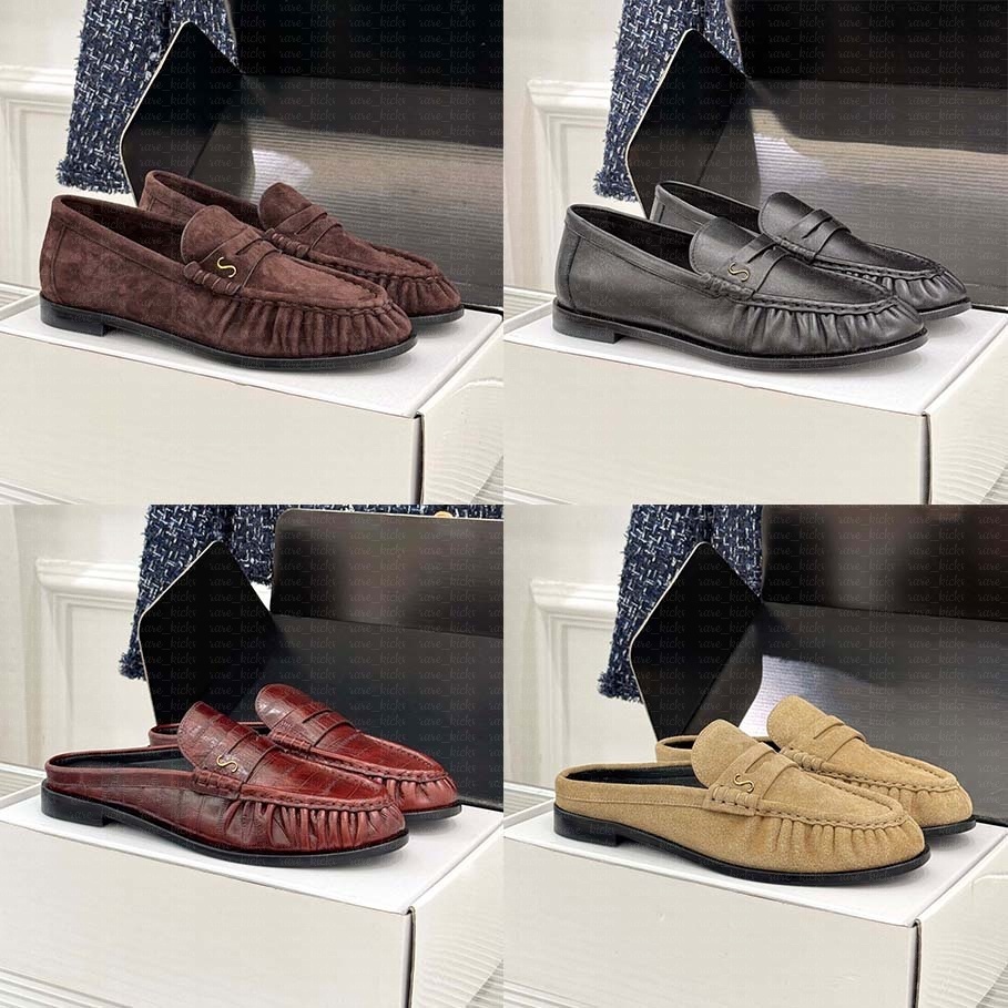 Top Quality Ruched Penny Loafers Le Loafers Backless Mules Designer Men Women Creased Real Leather Suede Slip On Flat Dress Shoe Classic Daily Stree