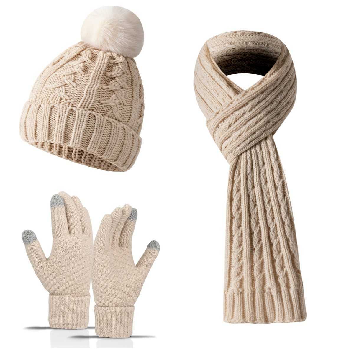 Nuevo conjunto de gorro, bufanda y guantes de primera calidad para mujer, de punto, de color sólido, cálido, con forro polar y forro polar, Q261020