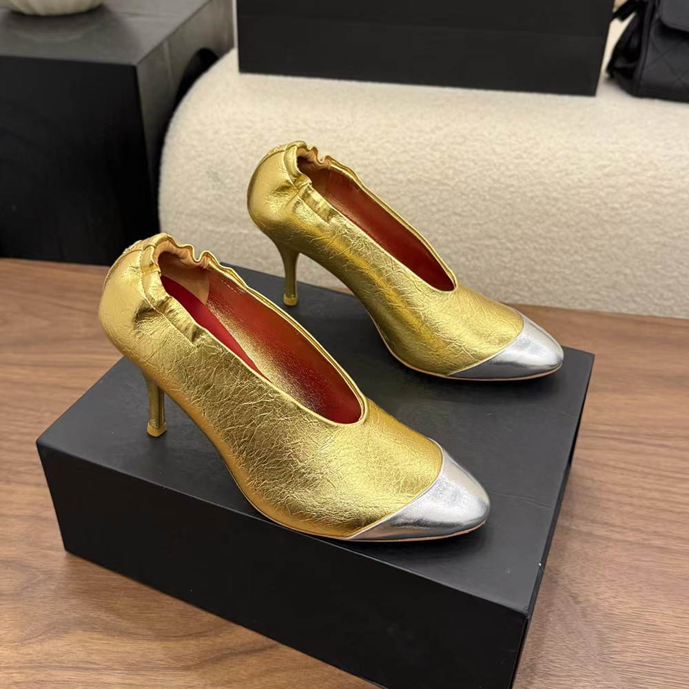 Luxury Designer Women Pumps, Gold Silver Color Block Toe Ruffled V Neck Slip On Stiletto High Heels, Banquet Wedding Formal Dress Shoes