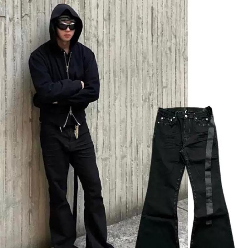 Jean évasé stretch noir de créateur, pantalon en denim ample à jambes larges avec rubans, pantalon décontracté taille moyenne de style neutre, ad