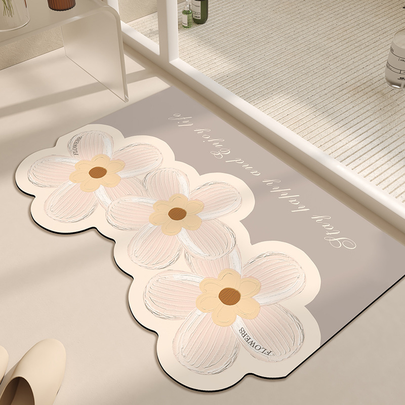 Tapis de sol en terre de diatomées pour salle de bain, tapis antidérapant pour porte de salle de bain haut de gamme, motif floral, tapis de toile