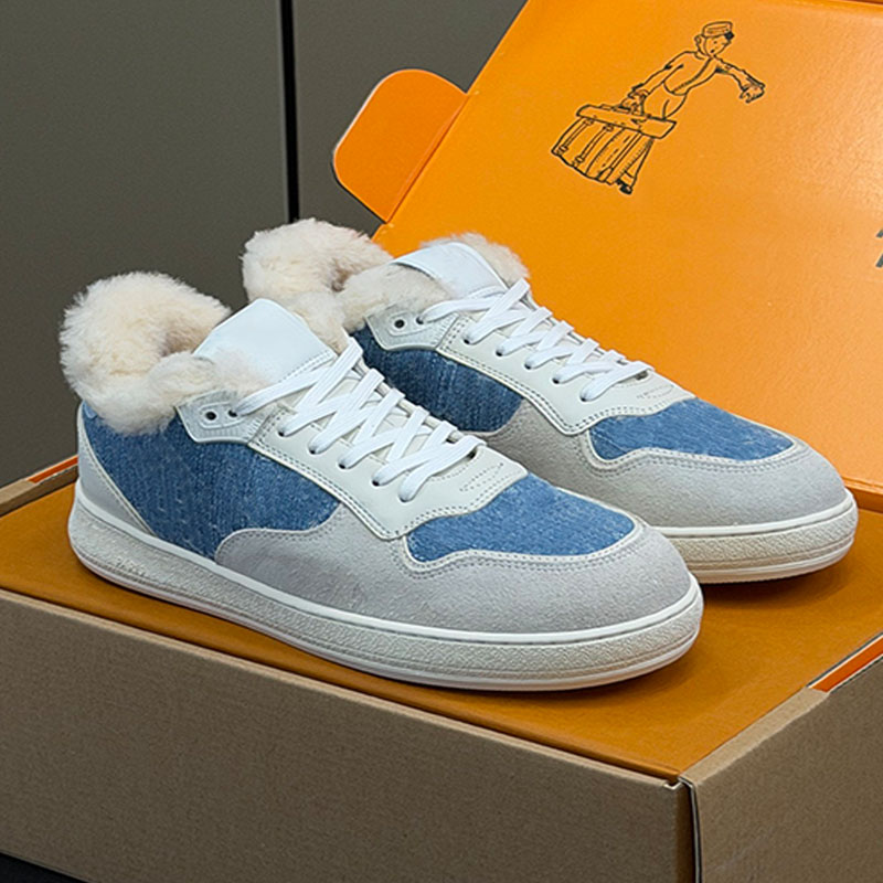 Winter Warm Leather Fur Collar Casual Sneaker Trendy Womens Designer Style Retro Printed Denim Suede Fashionable Street Daily Walking Shoes Of Top Q