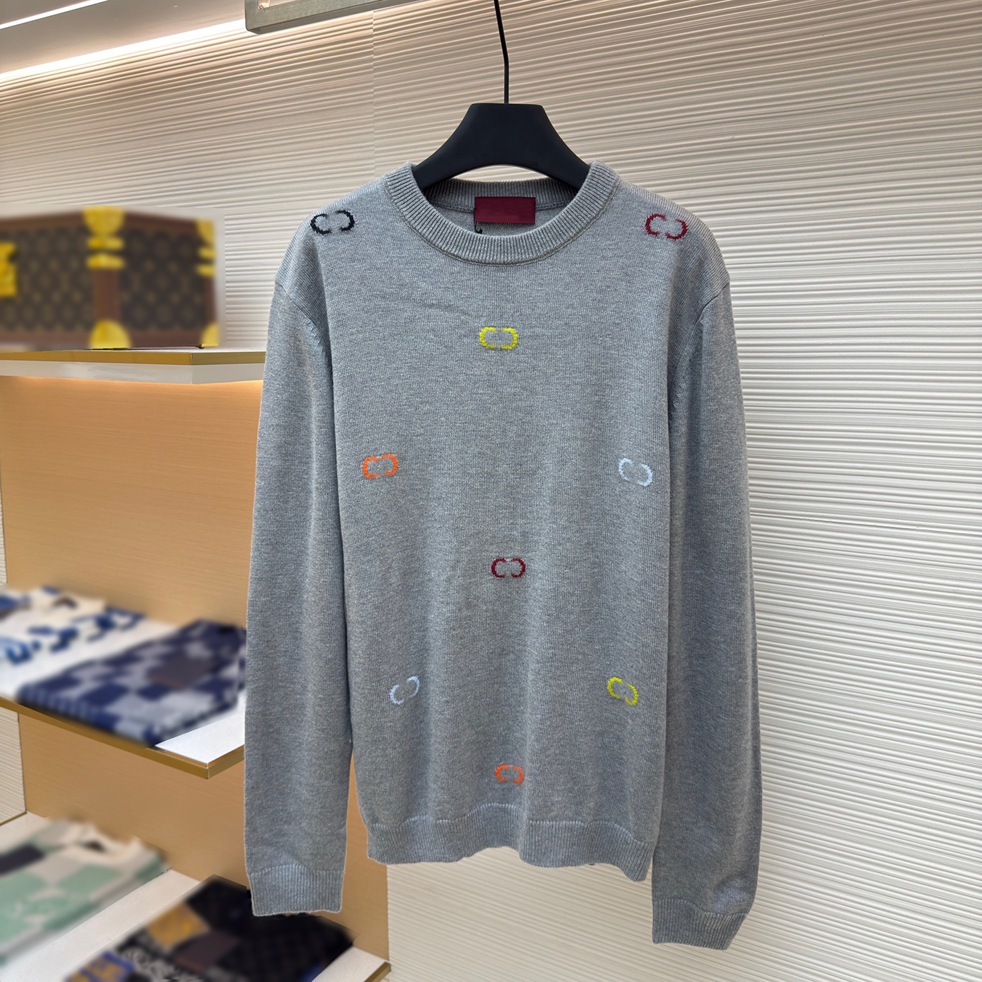Designer brand clothing, high-quality men's gray round neck pullover knitted sweater, colorful G-embroidered wool sweater, autumn and winter lo