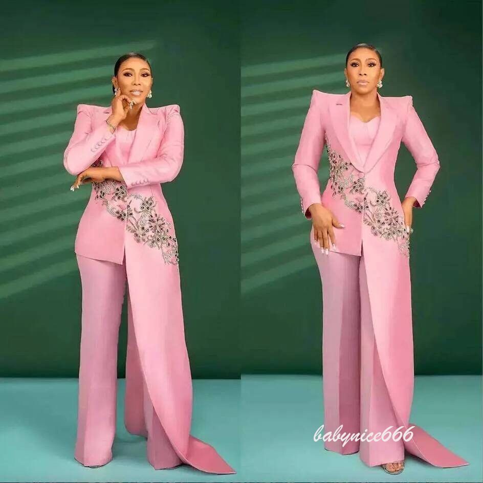 Luxury Baby Pink Women's for Wedding 2 Piece Sets Beading Appliques Crystals Business Slim Fit Women Mother Banquet Party Suits Customized