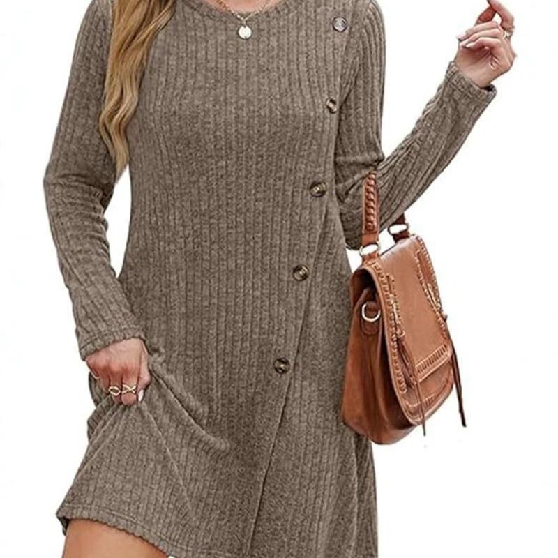 Robe de styliste pour femmes, couleur unie, col rond, manches longues, poches latérales, taille cintrée, coupe cintrée, robe de banlieue élégante