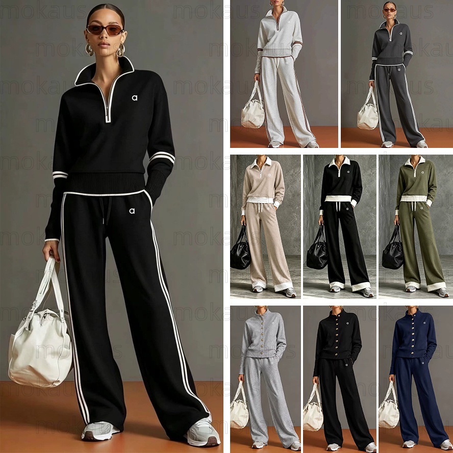 Fashionable Women's Knit Leg Pants Two Piece Set Casual Sporty Form Fitting Wide Leg Casual Sports Set Half Zip Knit Tracksuit Set Wide Leg Pan