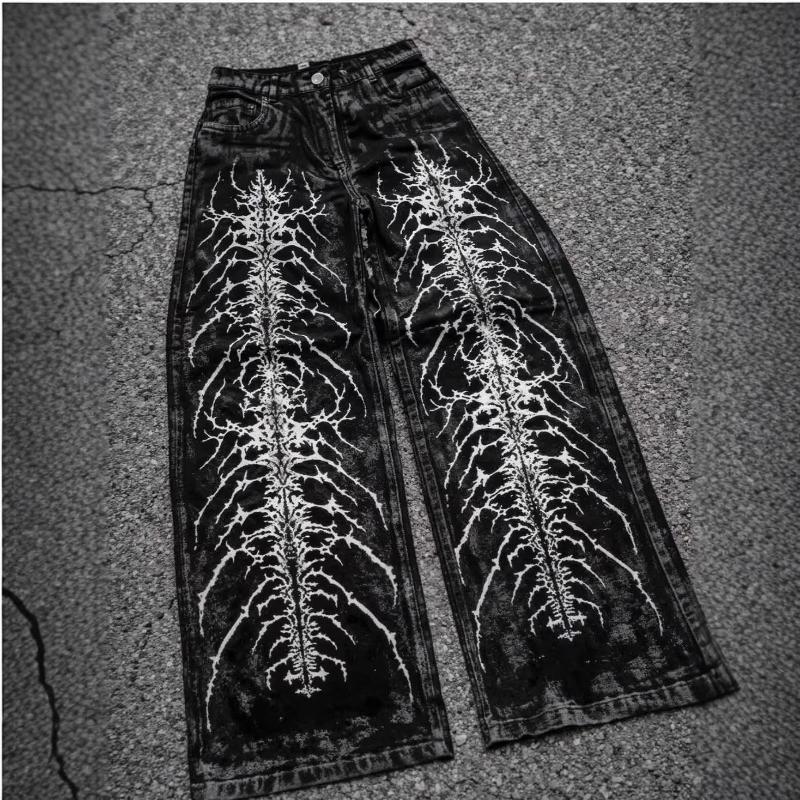 Designer High Quality Oversized Streetwear Men's Gothic Vintage Jeans Y2K Dark Print High Street Loose Wide Leg Straight Trousers S-5XL Spring