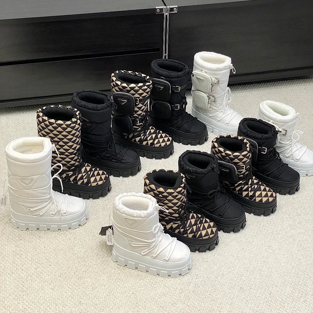 Suede Shearling Nylon gabardine ski boot Designer Womens Snow knee high boots Luxury Furry winter Ankle wool Casual booties outdoor Fur Boot lady Pl
