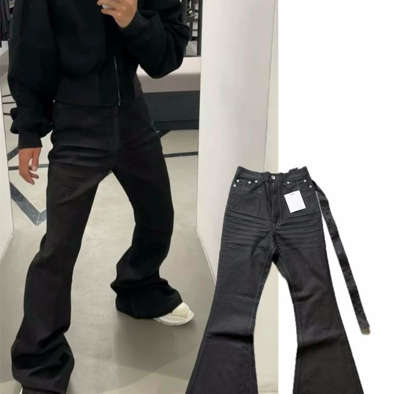 Designer Black-Grey Wax-Coated Flare Jeans, High-Waisted Slim-Fit Stretch Denim Trousers, Star Ribbon Stacked Ankle Style, Unisex