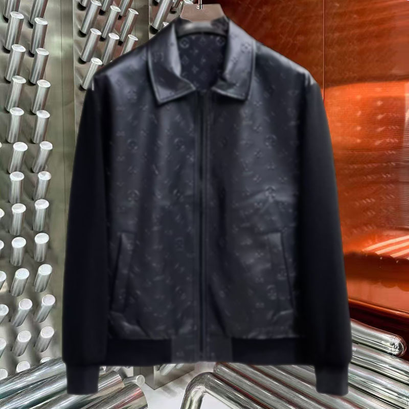 2026ss Classic black leather bomber jacket for men by designer, with embossed print all over, perfect for casual streetwear, high-quality men's