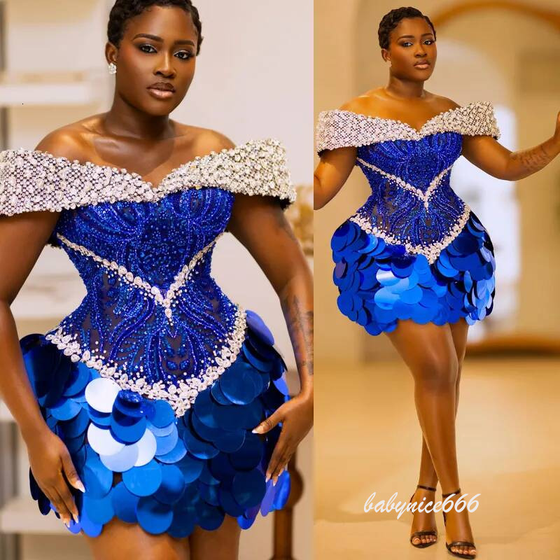 Plus Size Royal Blue Cocktail For Women Short Prom Dresses Illusion Off Shoulder Homecoming Crystal Pearls Pleated Beaded Lace Birthday Dress C560