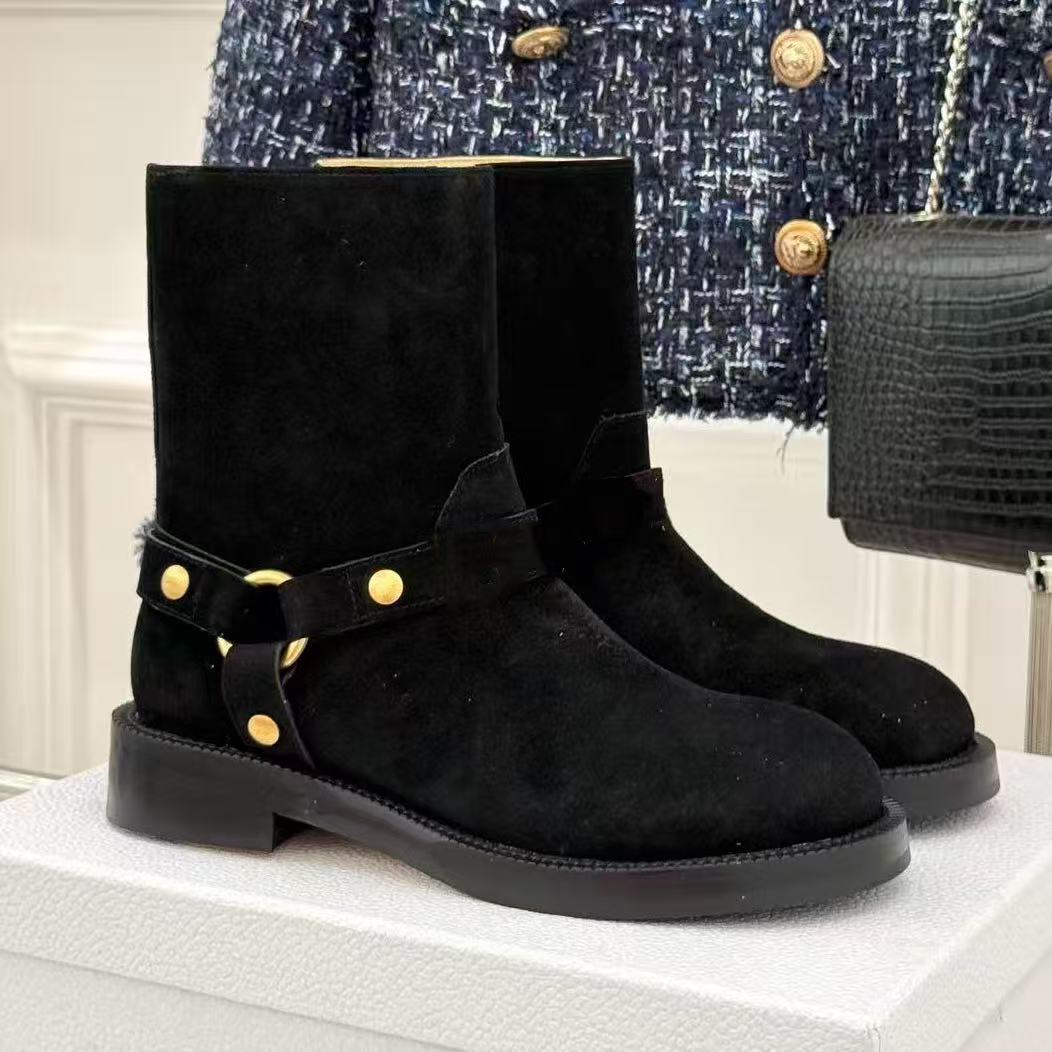 Ladies Designer Short Boots Top Quality Smooth Leather Strap Buckle Ankle Boots Chunky Low Heel Casual Boots Trendy Women Footwear Bulk Order Siz