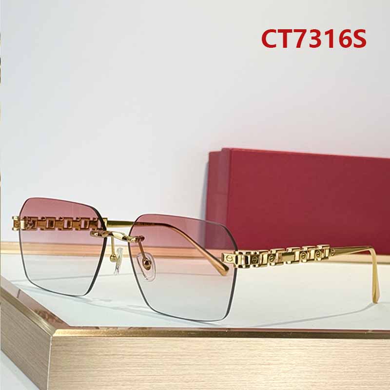 Romantic Jewelry Rimless Geometric Square Sunglasses Women CT7316S Gold Tone Metal Frame Pink Gradient Lenses Bracelet Chain Temples UV400 Date Part