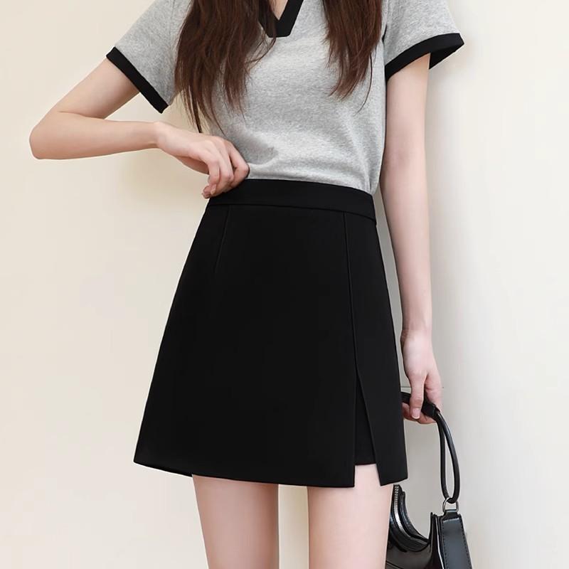 Designer Women High Waist Bodycon Mini Skirt A-Line Slit Skort Elegant Solid Black Gray Short Skirt Spring Autumn Winter